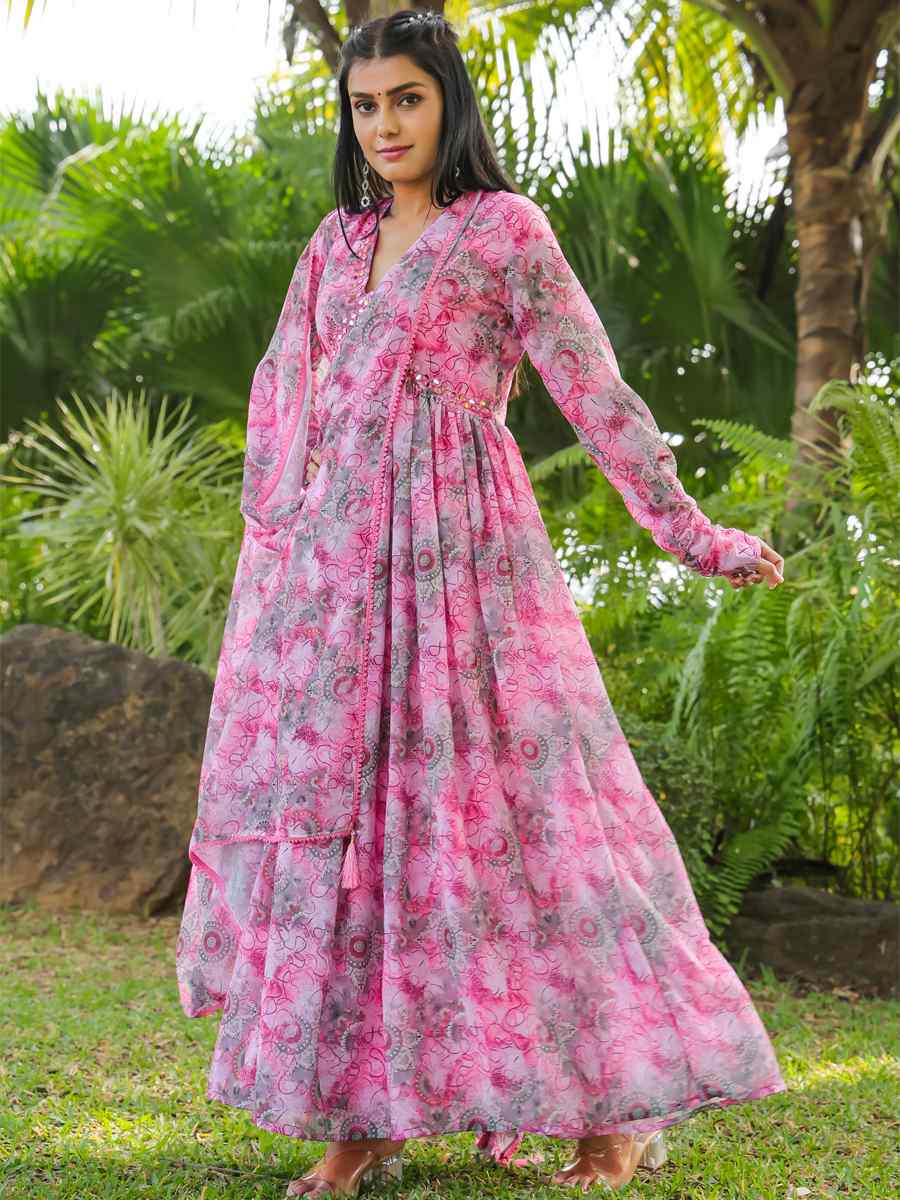 Pink Georgette Printed Festival Casual Gown