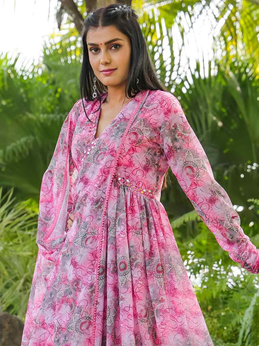 Pink Georgette Printed Festival Casual Gown