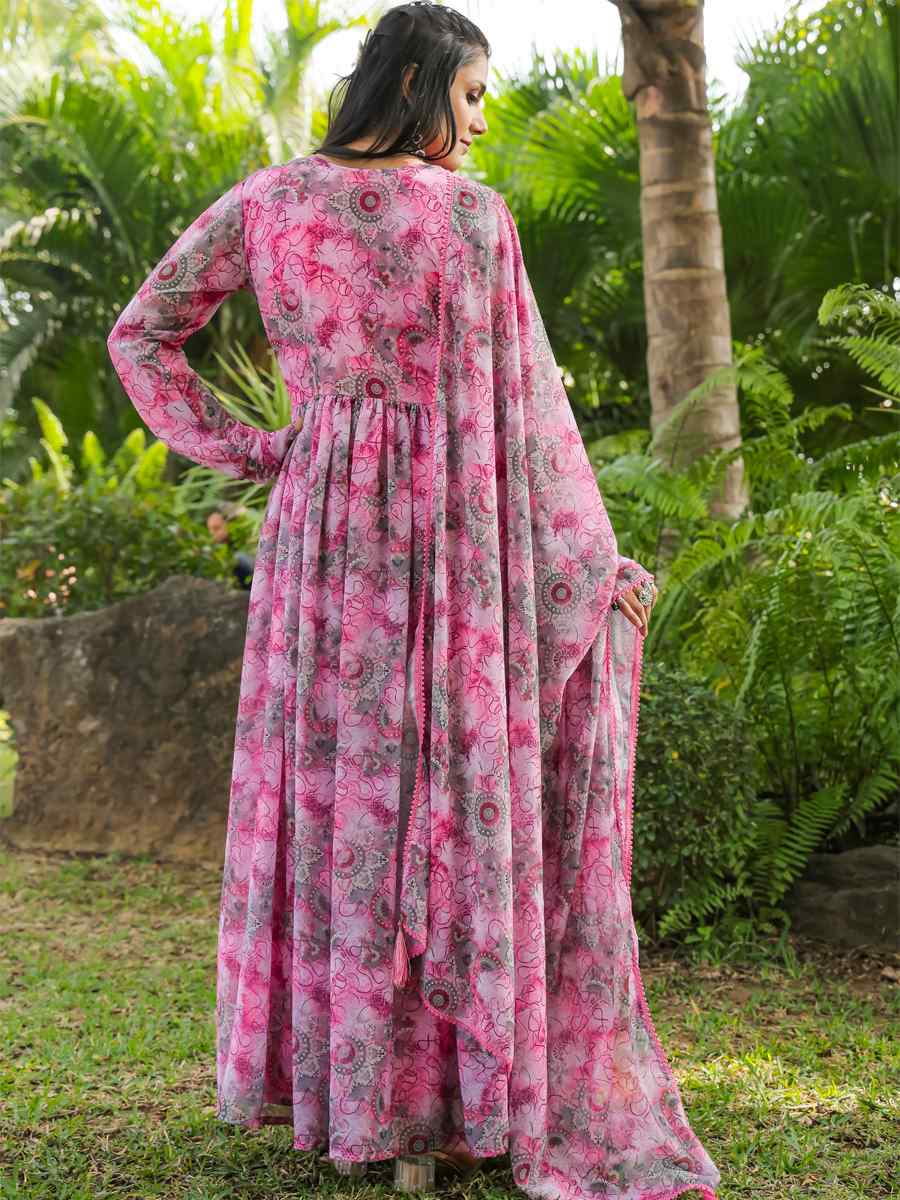 Pink Georgette Printed Festival Casual Gown