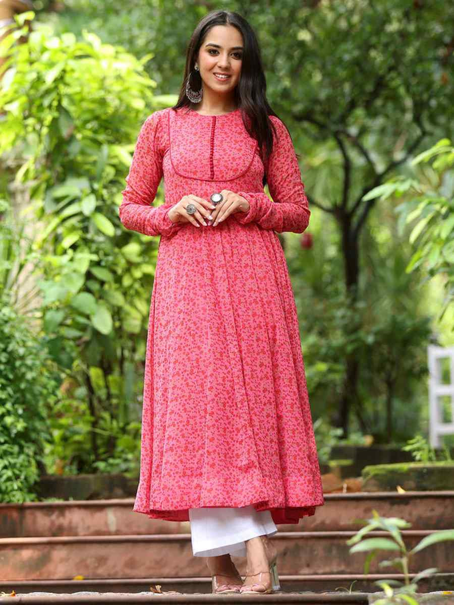 Pink Georgette Printed Festival Party Gown