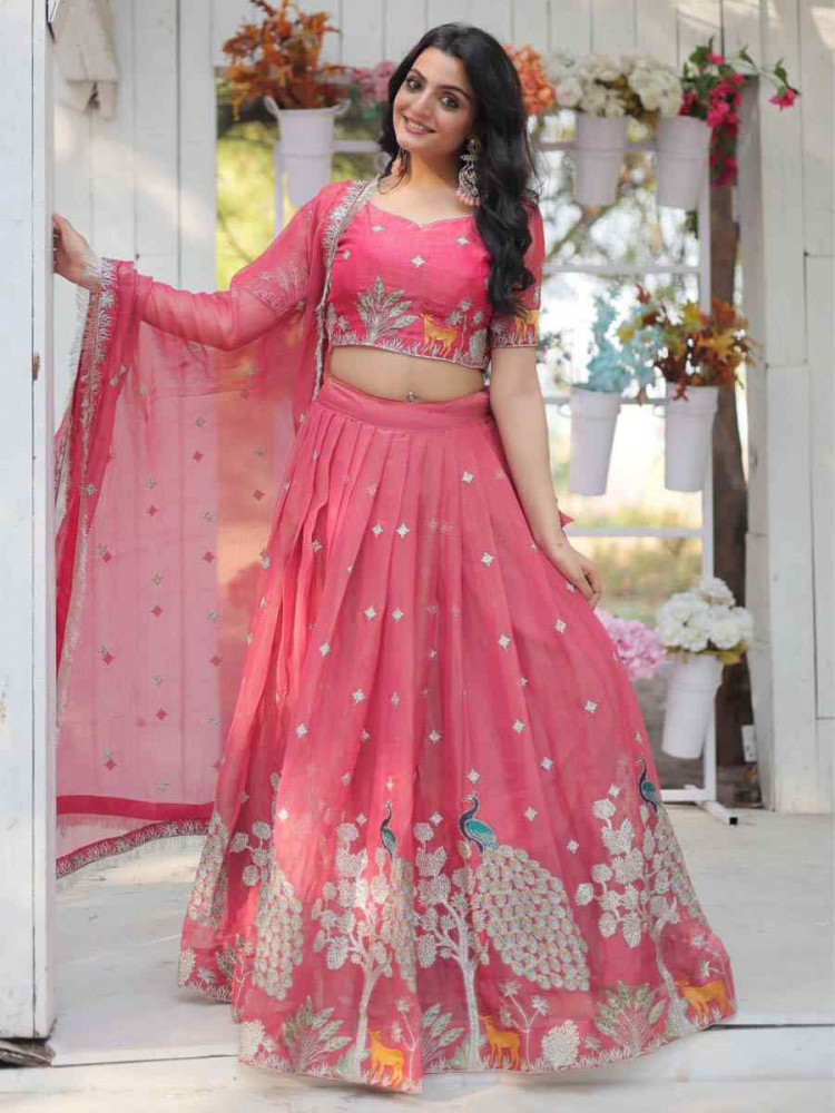 Pink Gold Coin Silk Embroidered Bridesmaid Wedding Heavy Border Lehenga Choli