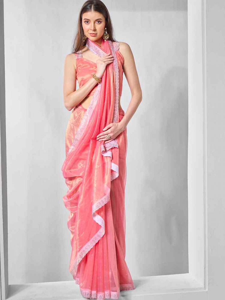 Pink Gold Tissue Net Handwoven Festival Wedding Heavy Border Saree