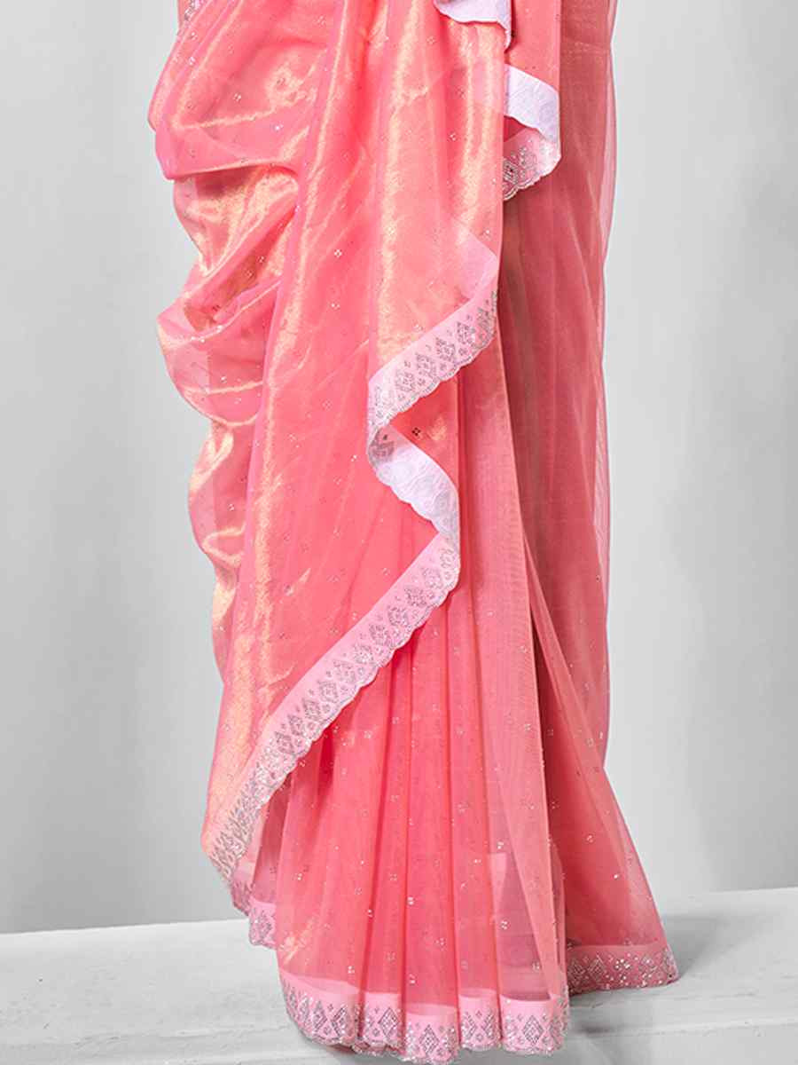 Pink Gold Tissue Net Handwoven Festival Wedding Heavy Border Saree