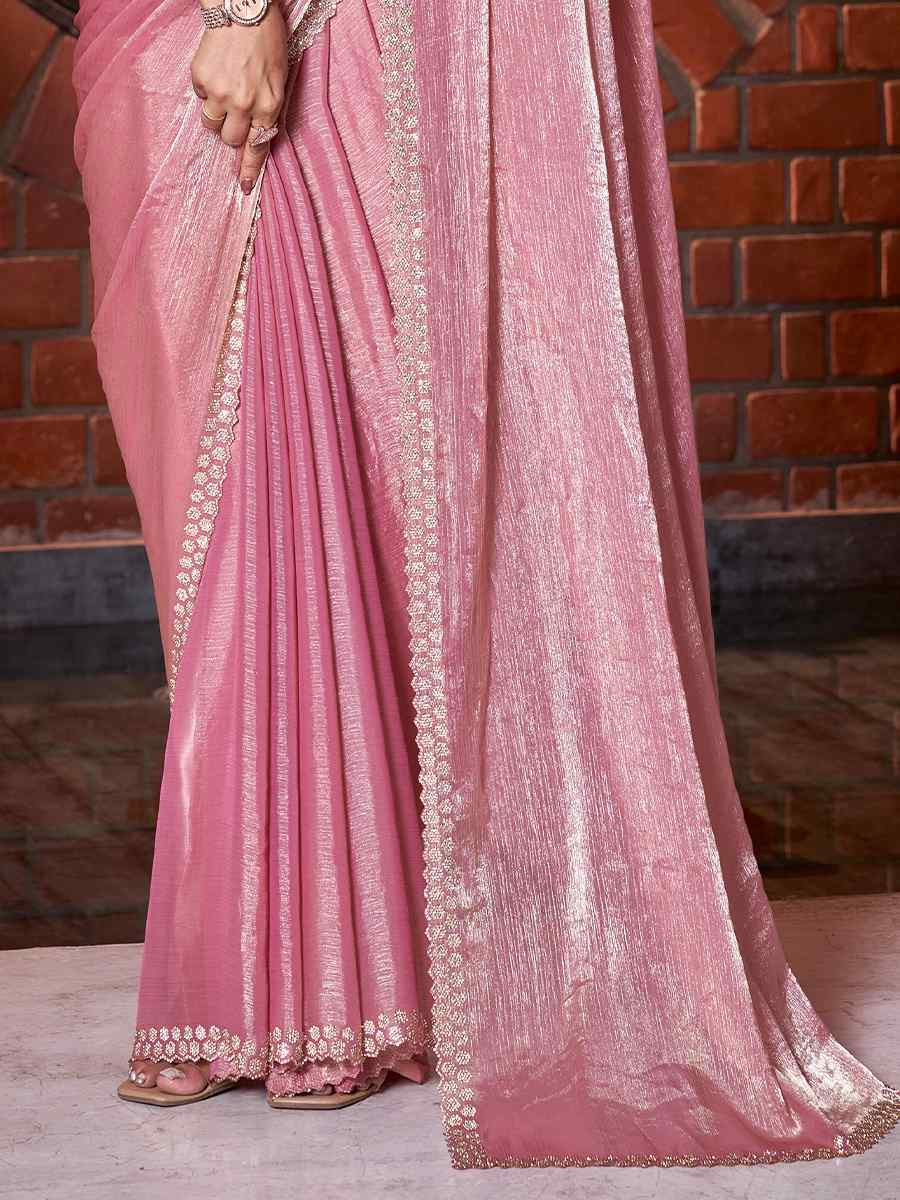 Pink Golden Crush Silk  Handwoven Festival Wedding Heavy Border Saree