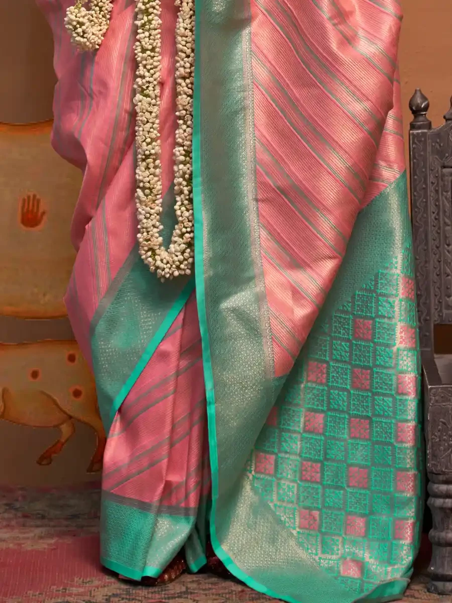 Pink Handloom Linen Handwoven Festival Wedding Heavy Border Saree