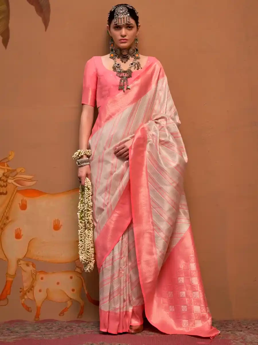 Pink Handloom Linen Handwoven Festival Wedding Heavy Border Saree