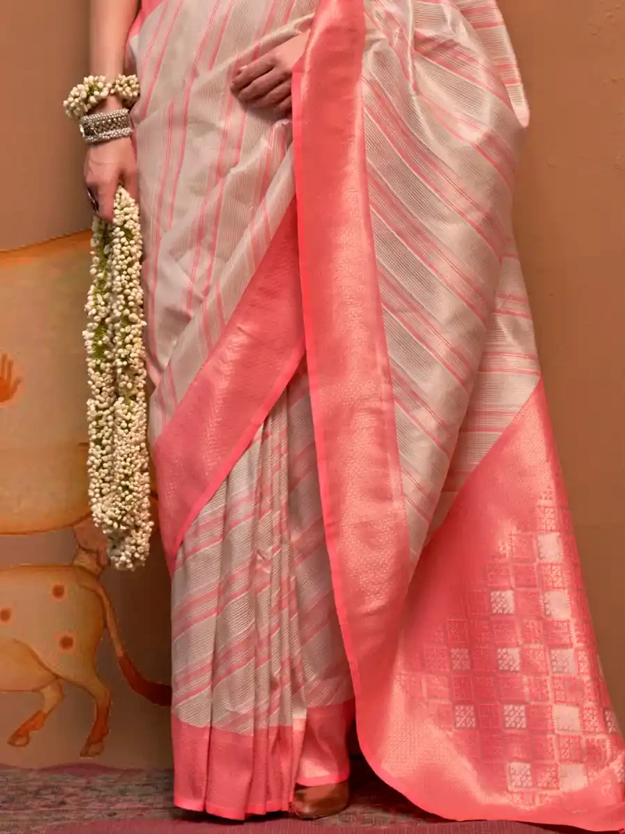 Pink Handloom Linen Handwoven Festival Wedding Heavy Border Saree