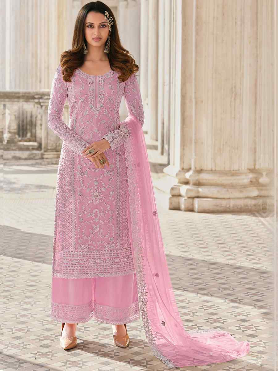 Pink Heavy Butterfly Net Embroidered Festival Wedding Palazzo Pant Salwar Kameez