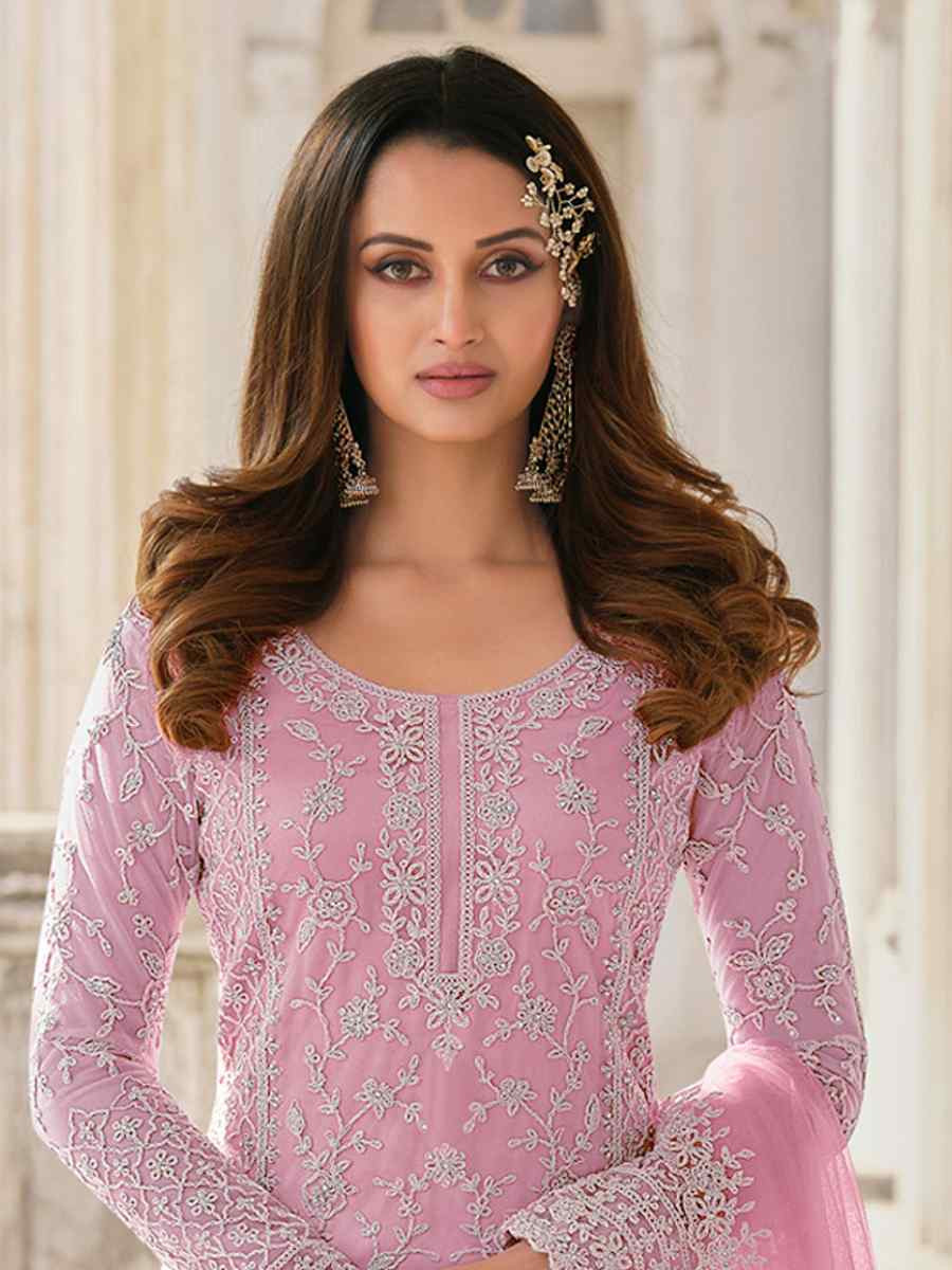 Pink Heavy Butterfly Net Embroidered Festival Wedding Palazzo Pant Salwar Kameez