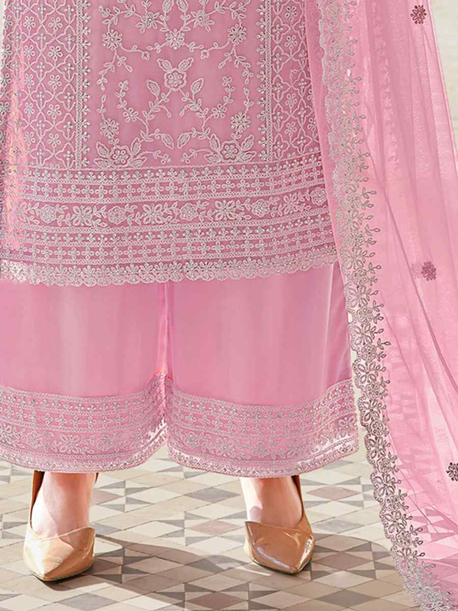 Pink Heavy Butterfly Net Embroidered Festival Wedding Palazzo Pant Salwar Kameez