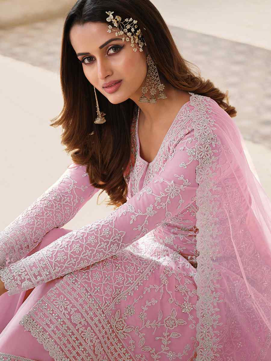 Pink Heavy Butterfly Net Embroidered Festival Wedding Palazzo Pant Salwar Kameez