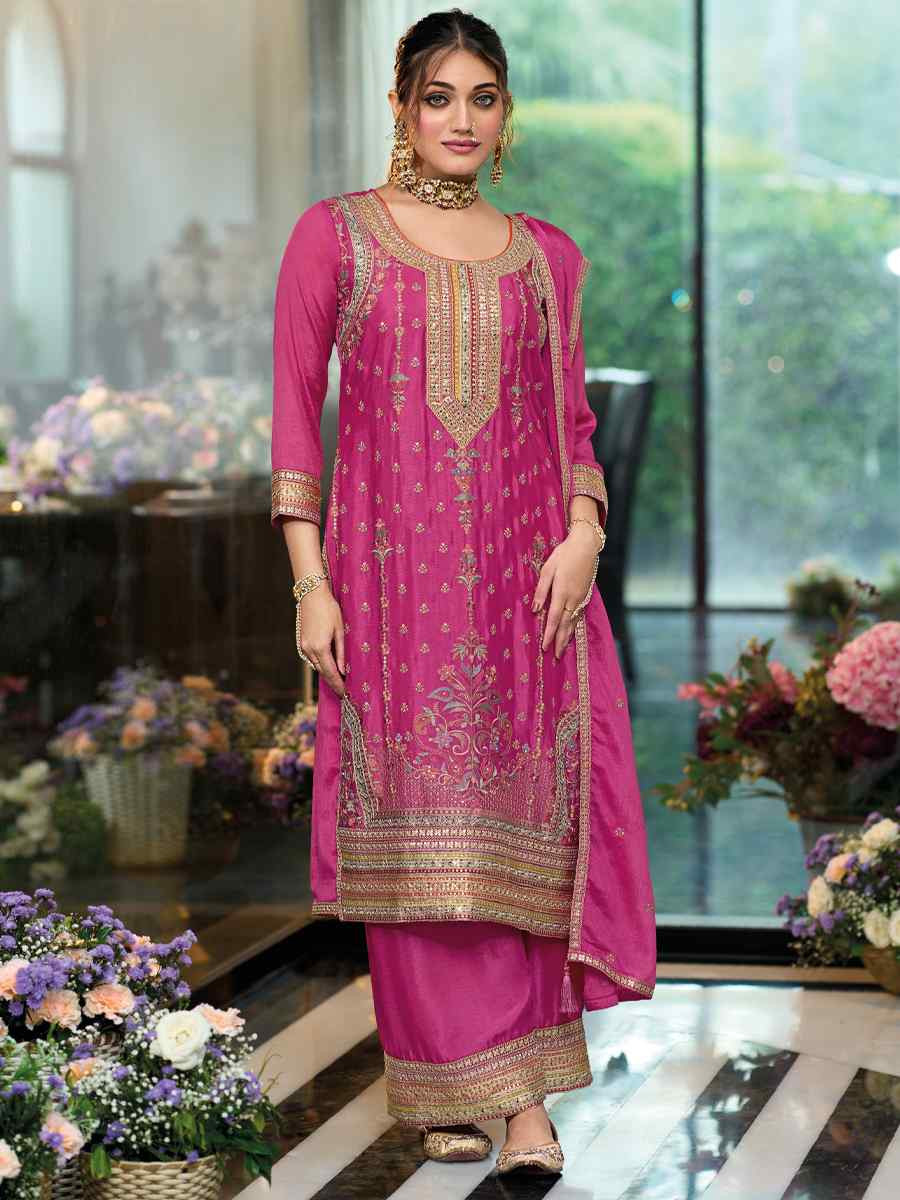 Pink Heavy Chinon Embroidered Festival Wedding Palazzo Pant Salwar Kameez