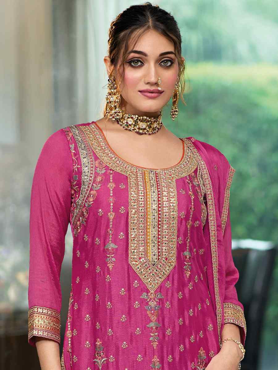 Pink Heavy Chinon Embroidered Festival Wedding Palazzo Pant Salwar Kameez