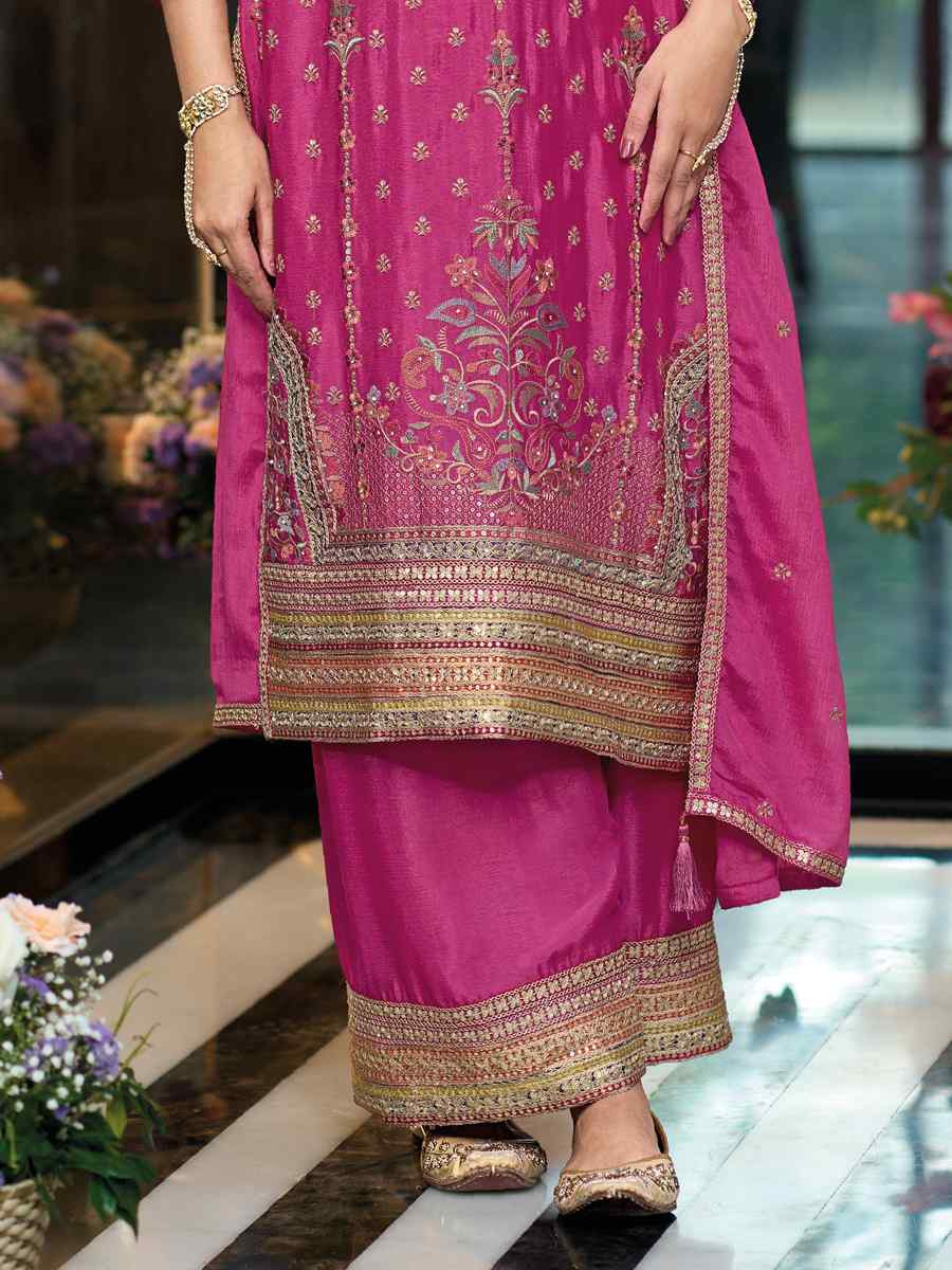 Pink Heavy Chinon Embroidered Festival Wedding Palazzo Pant Salwar Kameez