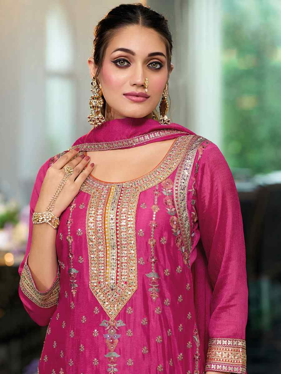 Pink Heavy Chinon Embroidered Festival Wedding Palazzo Pant Salwar Kameez