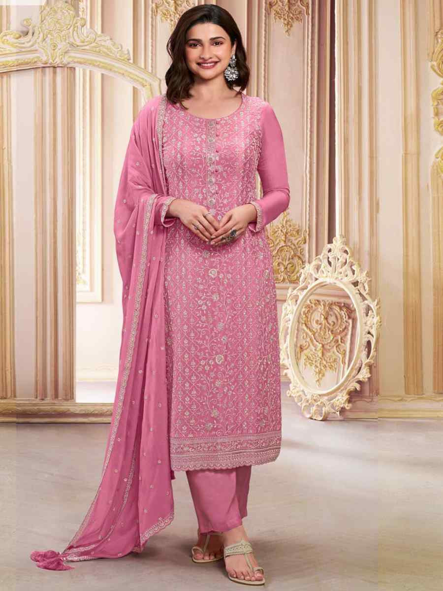 Pink Heavy Chinon Silk Embroidered Festival Casual Pant Salwar Kameez