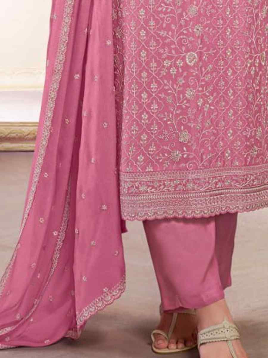 Pink Heavy Chinon Silk Embroidered Festival Casual Pant Salwar Kameez