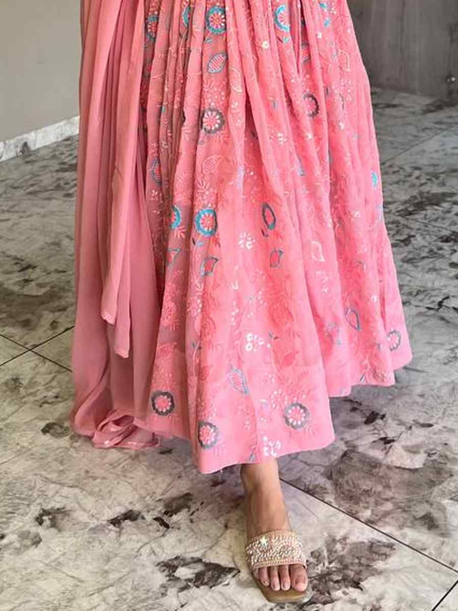 Pink Heavy Faux Georgette Embroidered Festival Wedding Anarkali Salwar Kameez