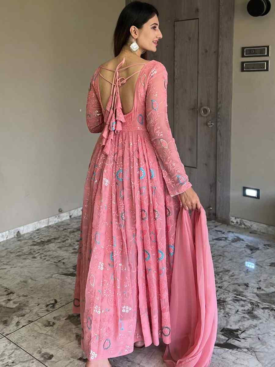 Pink Heavy Faux Georgette Embroidered Festival Wedding Anarkali Salwar Kameez