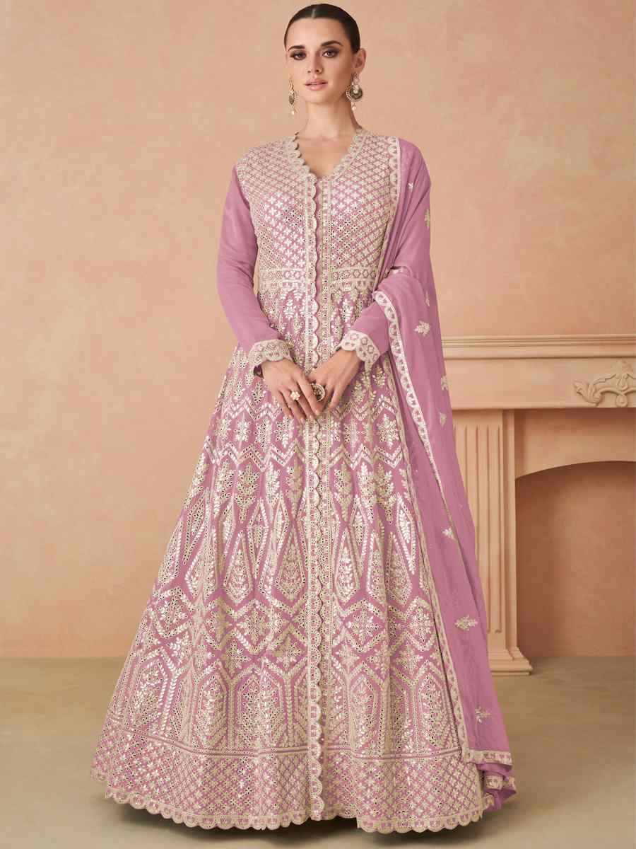 Pink Heavy Faux Georgette Embroidered Festival Wedding Pant Salwar Kameez