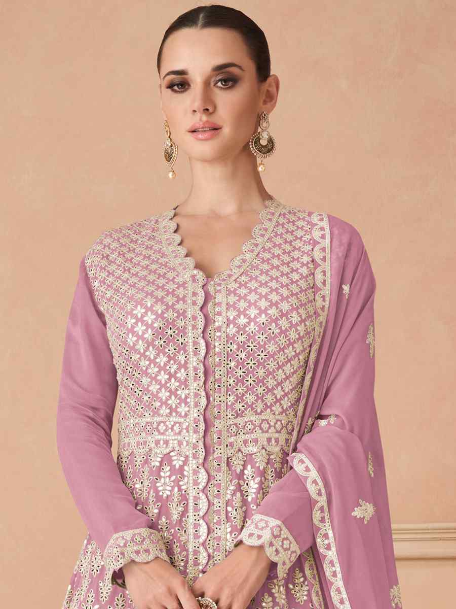 Pink Heavy Faux Georgette Embroidered Festival Wedding Pant Salwar Kameez