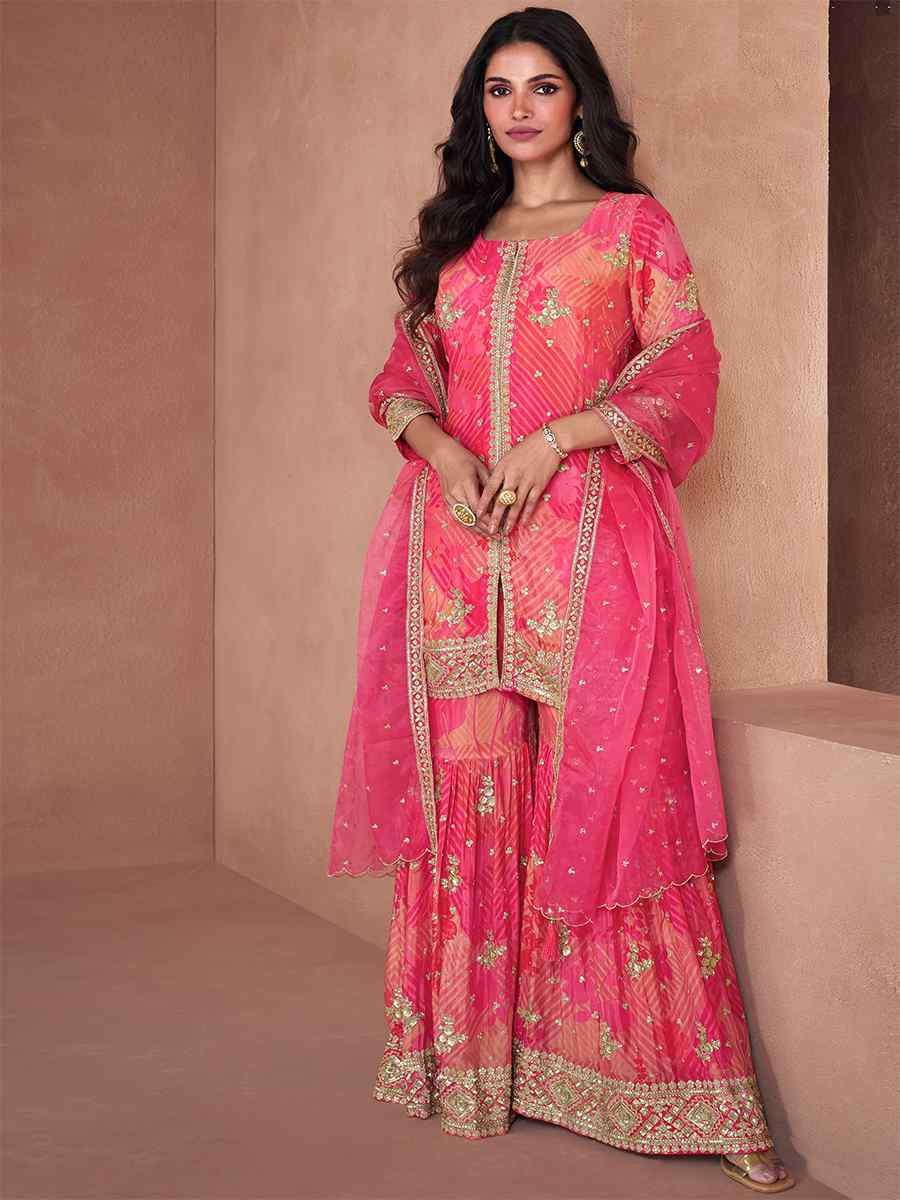 Pink Heavy Faux Georgette Embroidered Festival Wedding Ready Sharara Pant Salwar Kameez