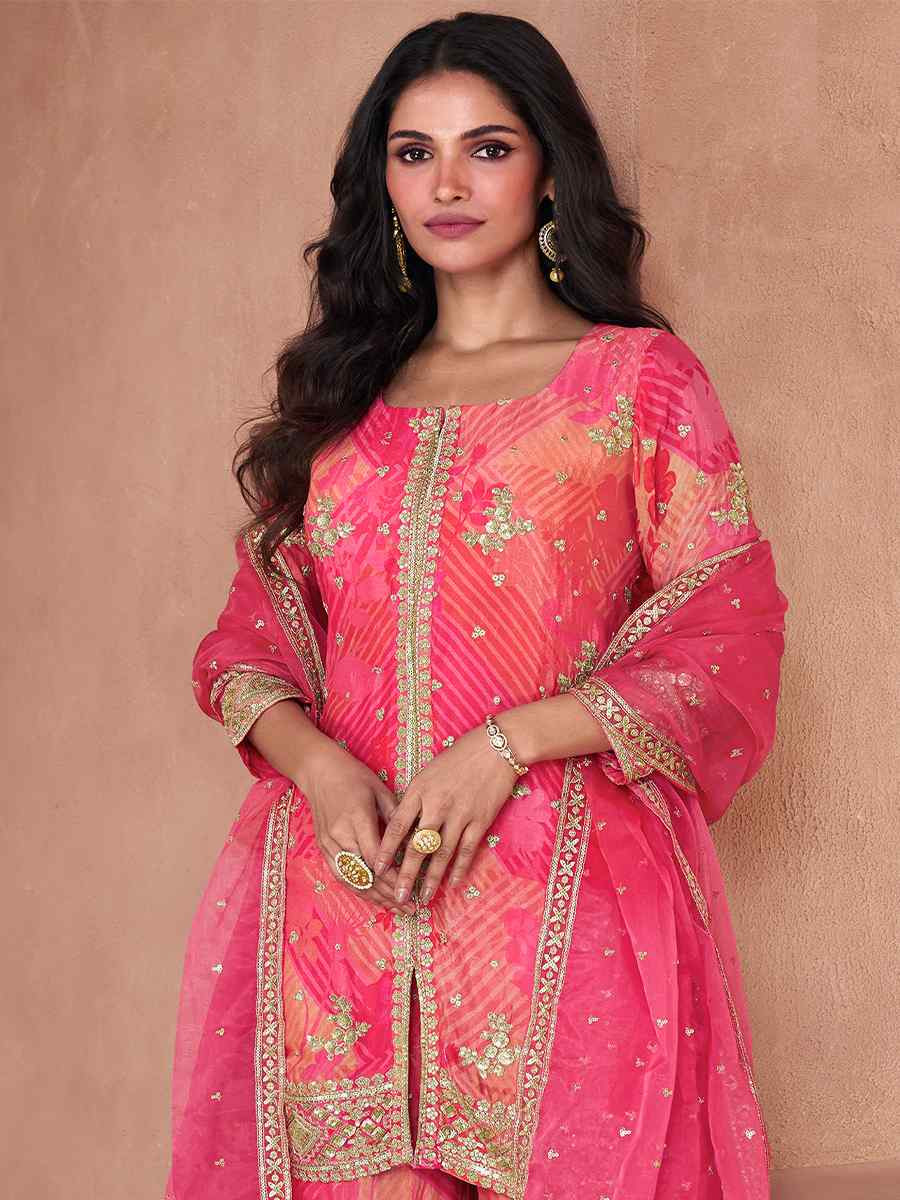 Pink Heavy Faux Georgette Embroidered Festival Wedding Ready Sharara Pant Salwar Kameez