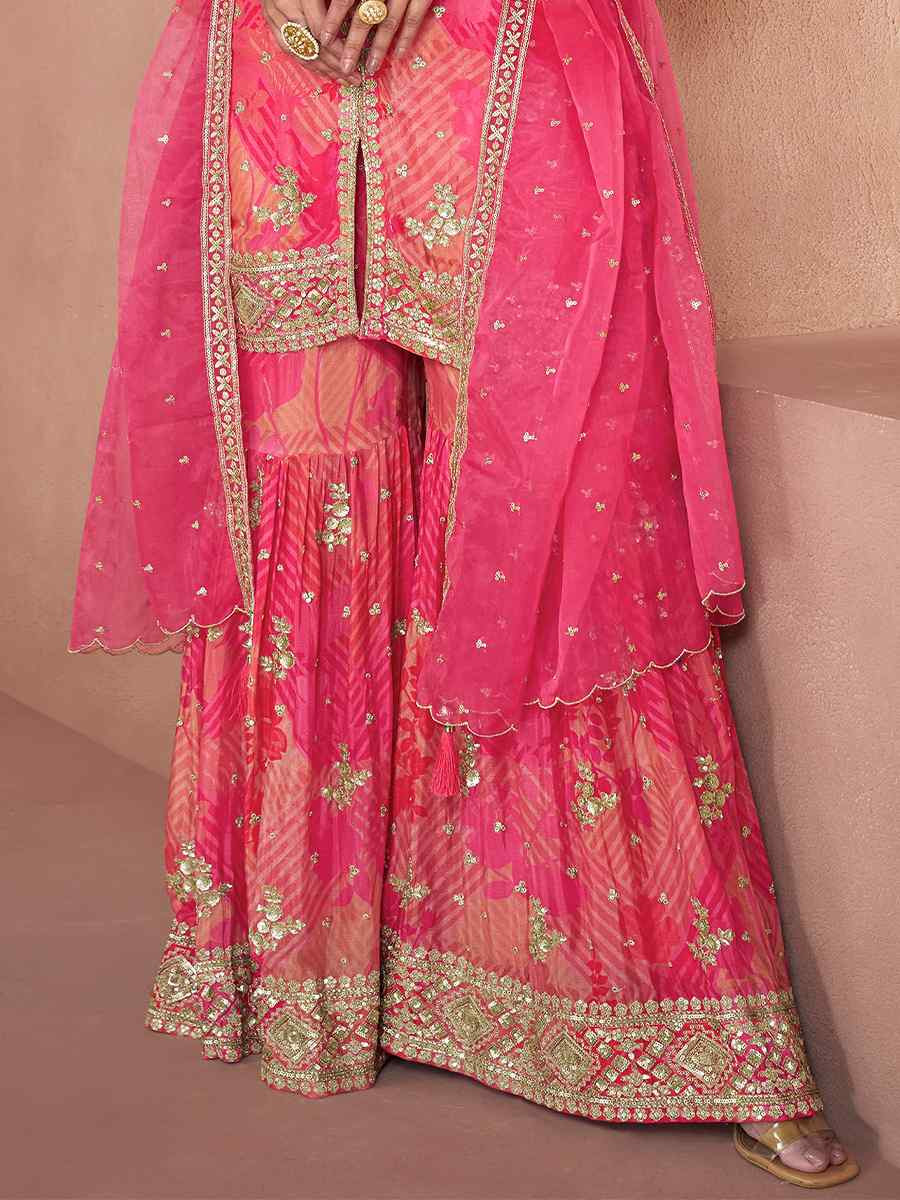 Pink Heavy Faux Georgette Embroidered Festival Wedding Ready Sharara Pant Salwar Kameez