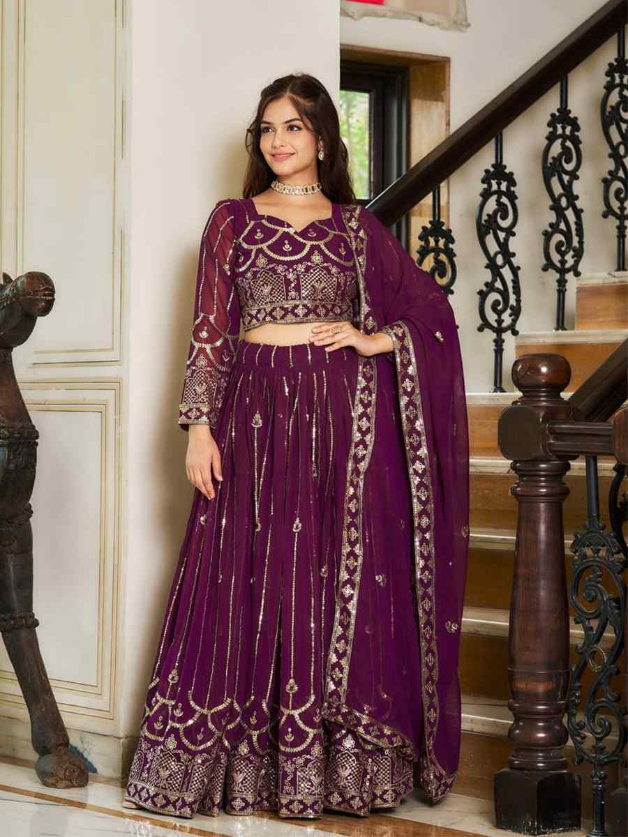 Pink Heavy Faux Georgette Embroidered Wedding Festival Heavy Border Lehenga Choli