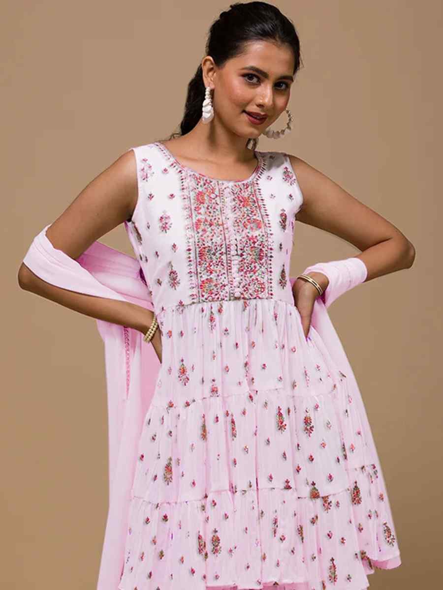 Pink Heavy Georgette Embroidered Festival Wedding Ready Sharara Pant Salwar Kameez