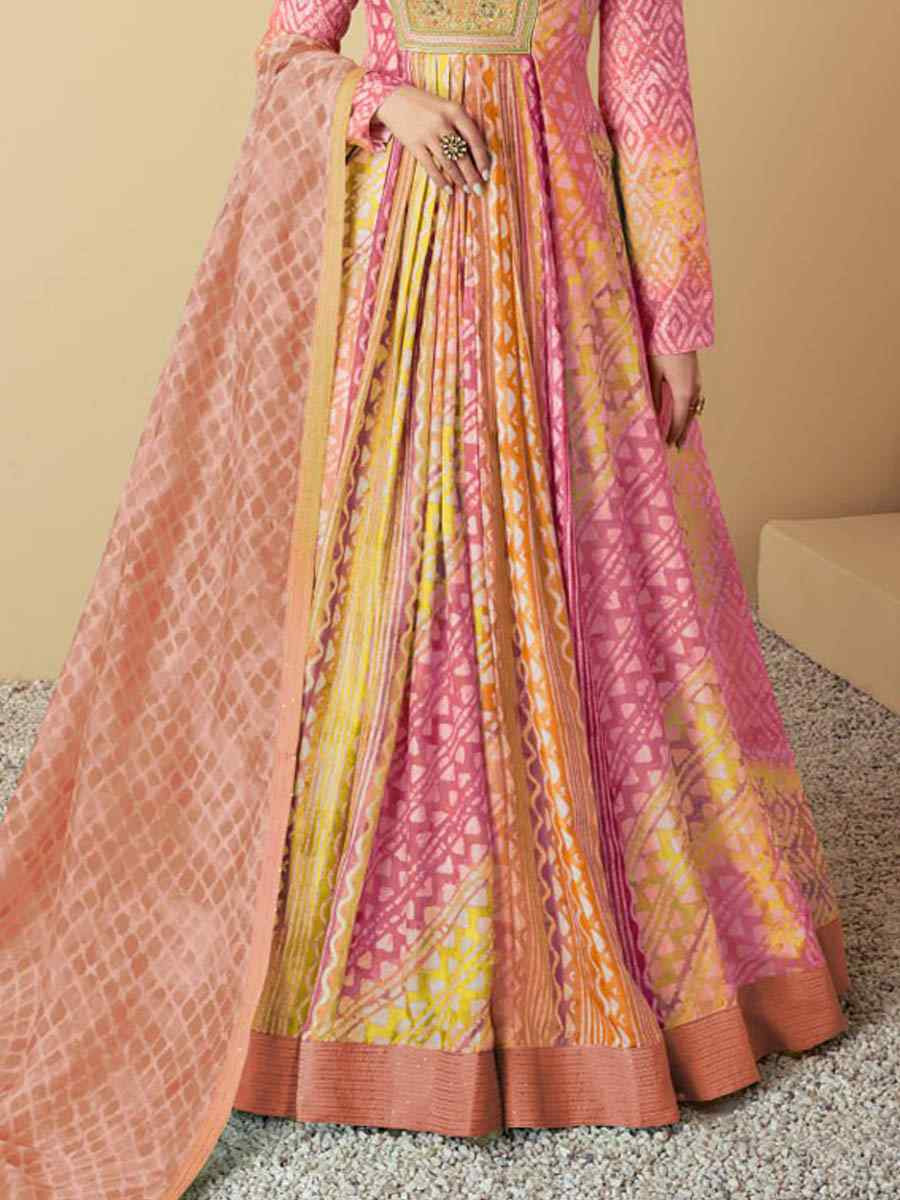 Pink Heavy Muslin Printed Festival Casual Gown