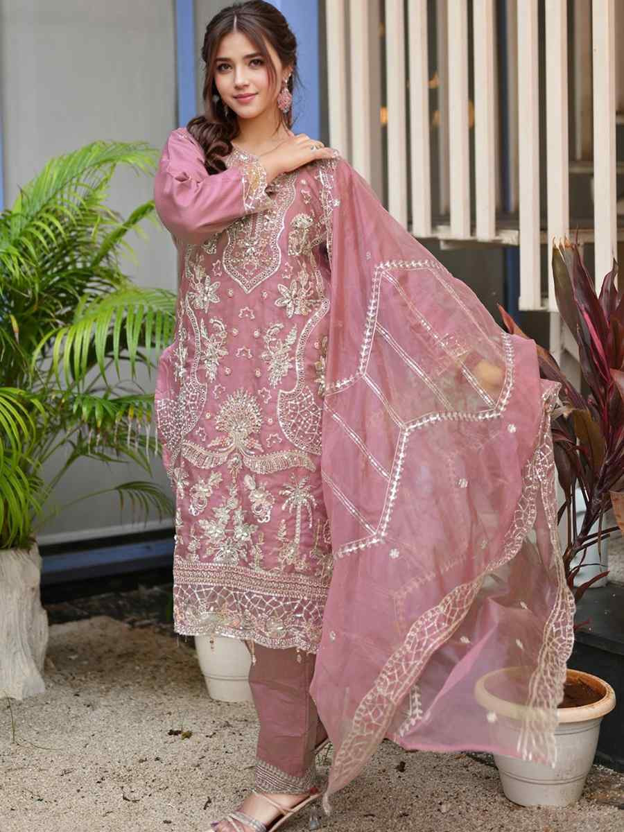 Pink Heavy Organza Embroidered Festival Wedding Pant Ready Salwar Kameez