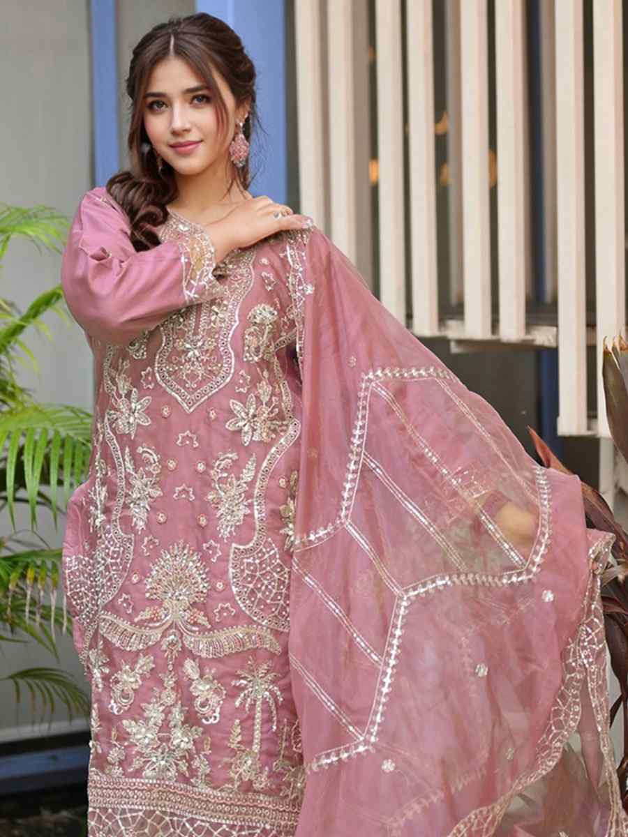 Pink Heavy Organza Embroidered Festival Wedding Pant Ready Salwar Kameez