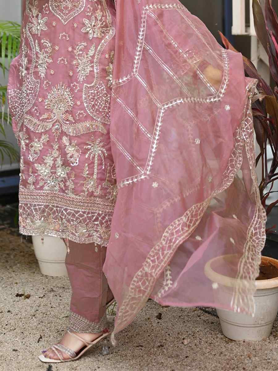 Pink Heavy Organza Embroidered Festival Wedding Pant Ready Salwar Kameez