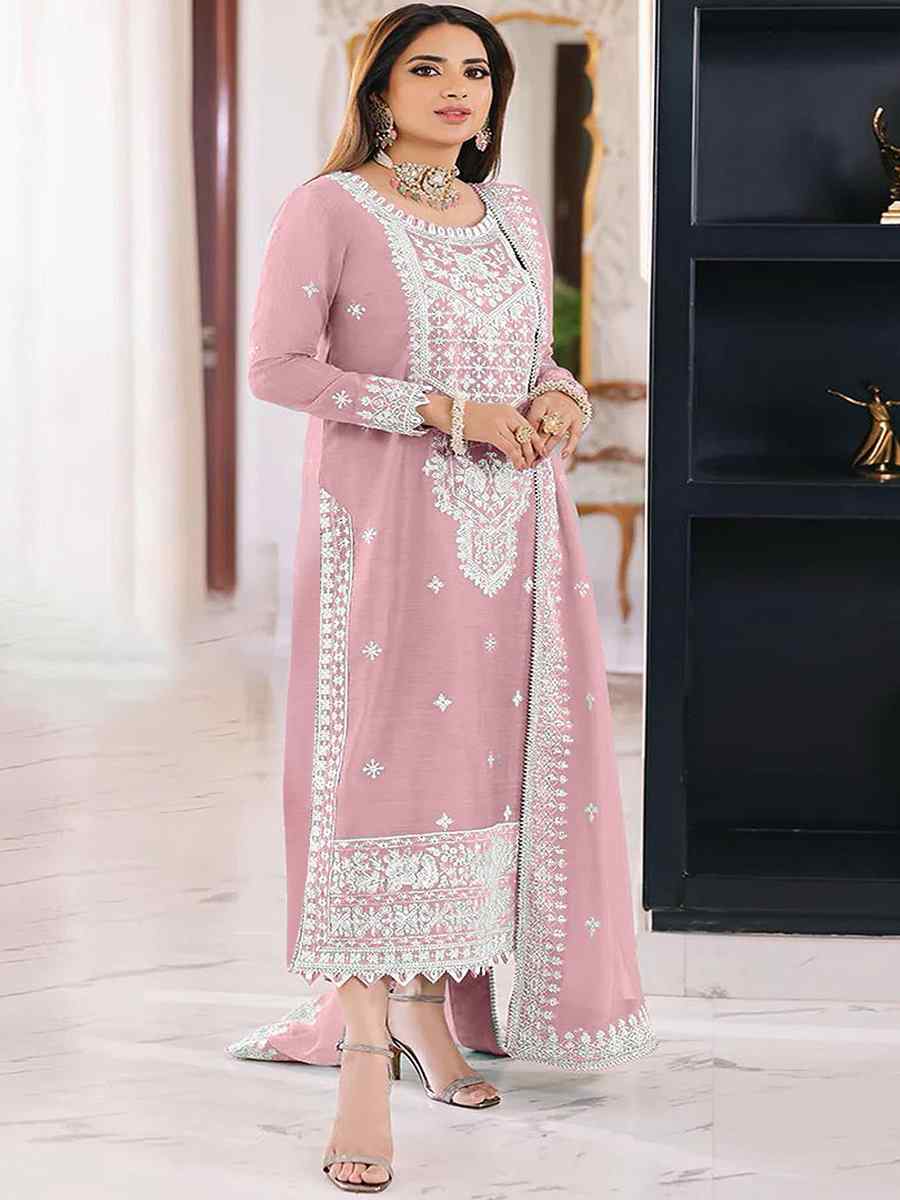 Pink Heavy Orgenza Embroidered Festival Casual Pant Salwar Kameez