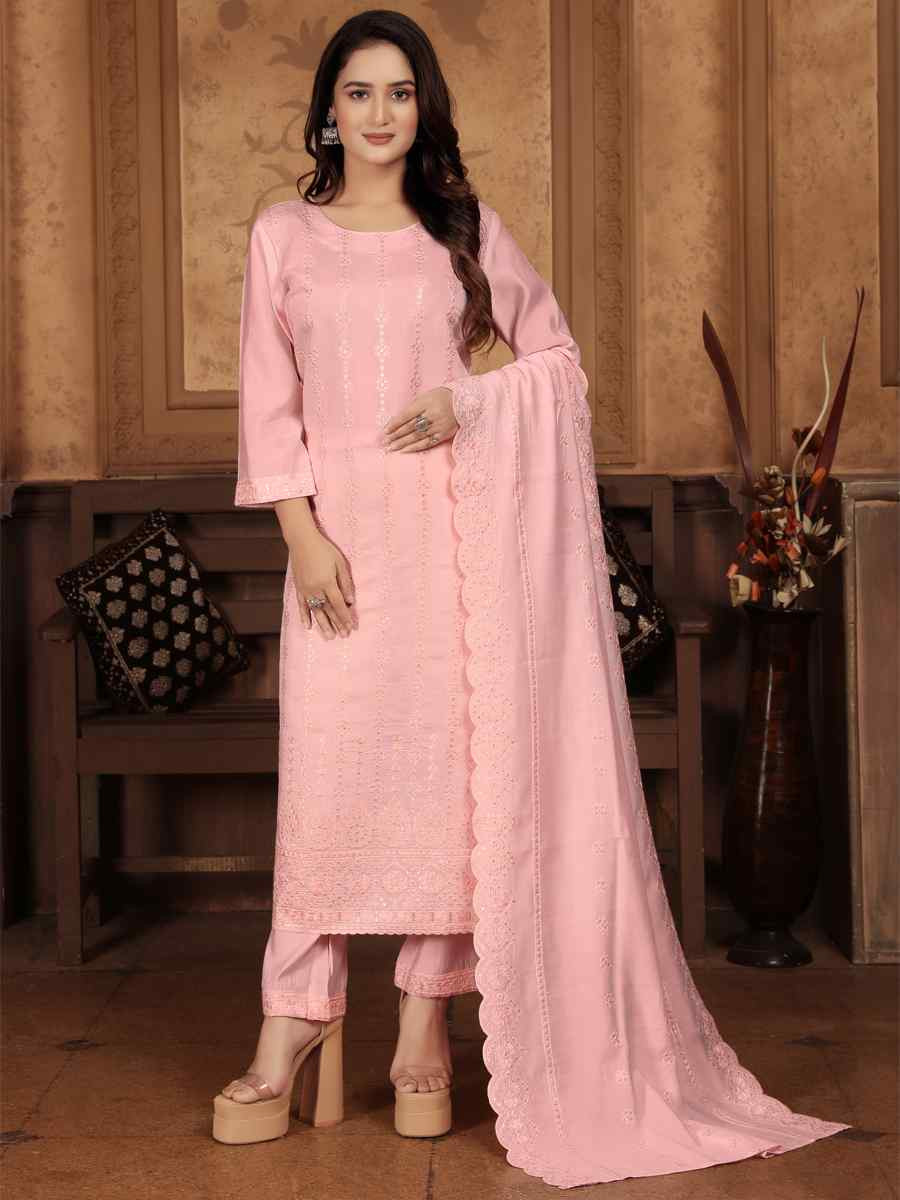 Pink Heavy Peri Chanderi Embroidered Festival Casual Ready Pant Salwar Kameez