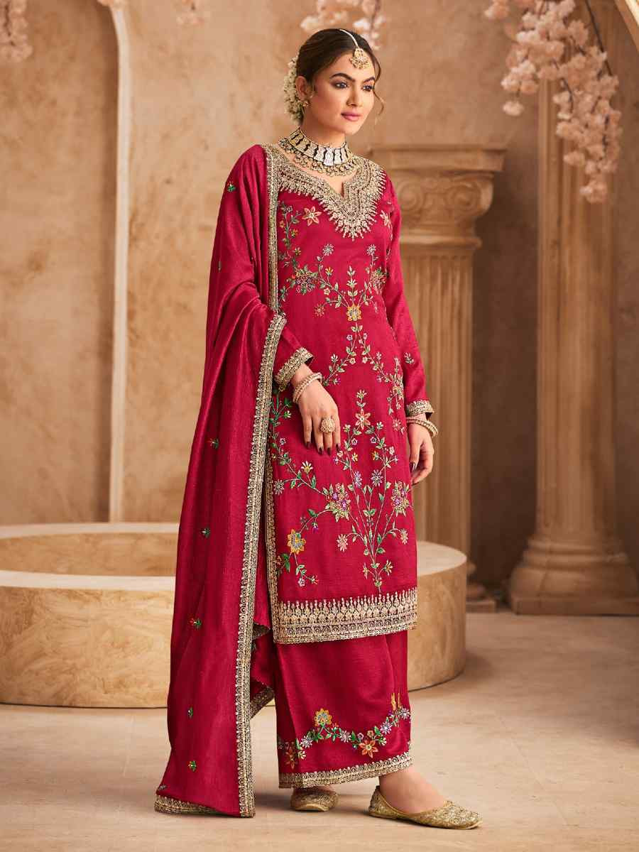 Pink Heavy Premium Chinon Embroidered Festival Wedding Palazzo Pant Salwar Kameez