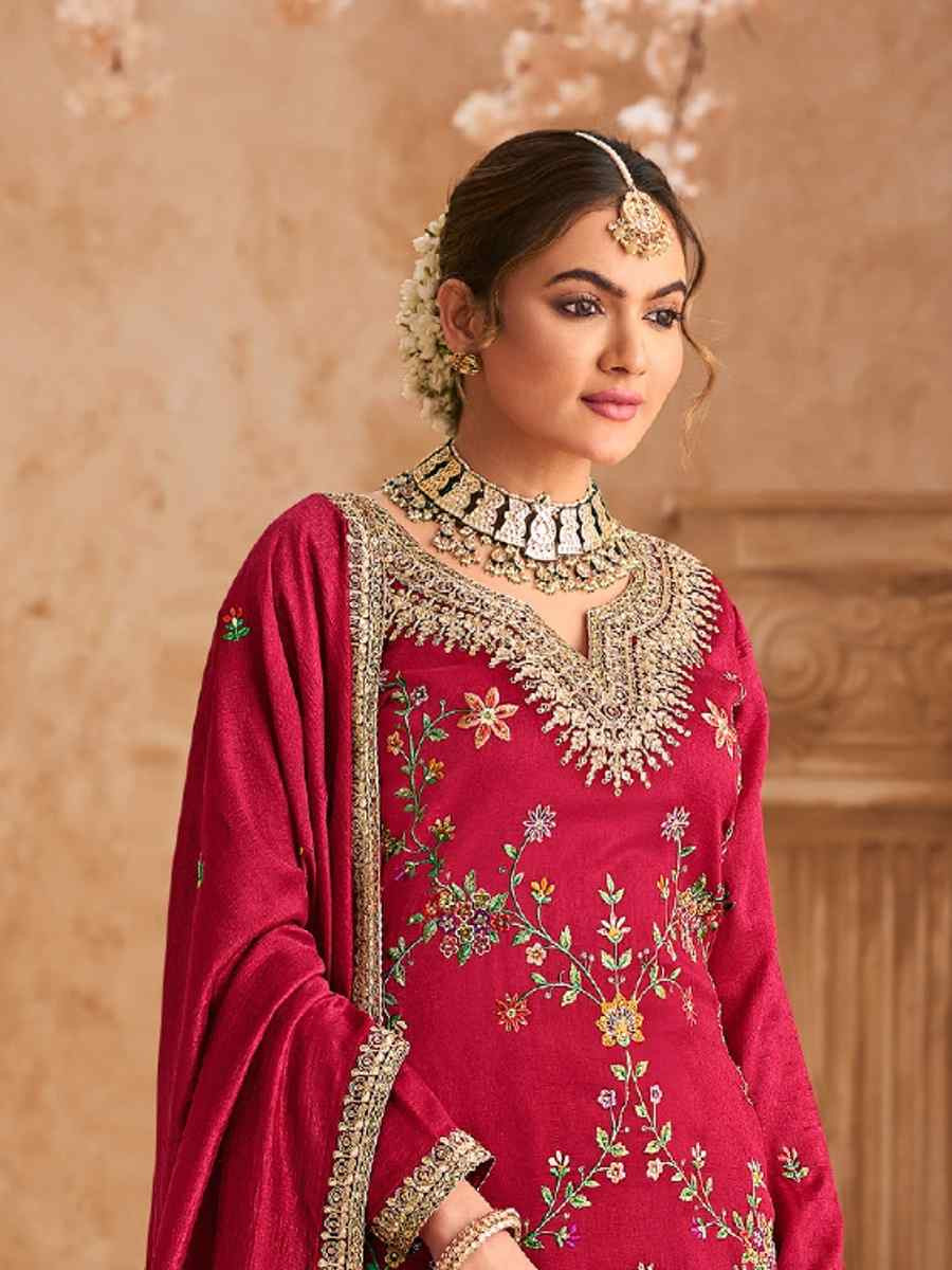 Pink Heavy Premium Chinon Embroidered Festival Wedding Palazzo Pant Salwar Kameez