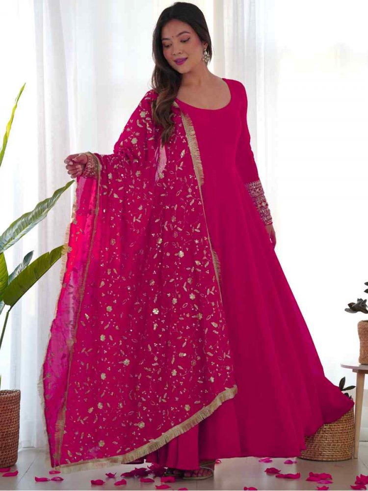Pink Heavy Pure Soft Faux Georgette Embroidered Festival Mehendi Ready Anarkali Salwar Kameez