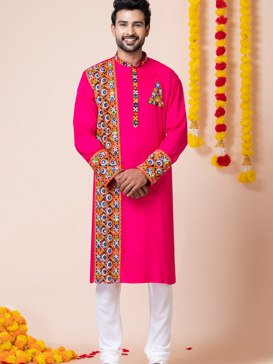 Pink Heavy Rayon Embroidered Festival Wedding Kurta