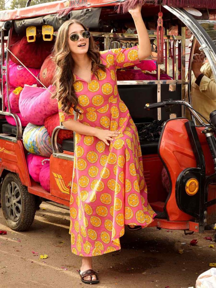 Pink Heavy Rayon Printed Festival Casual Gown