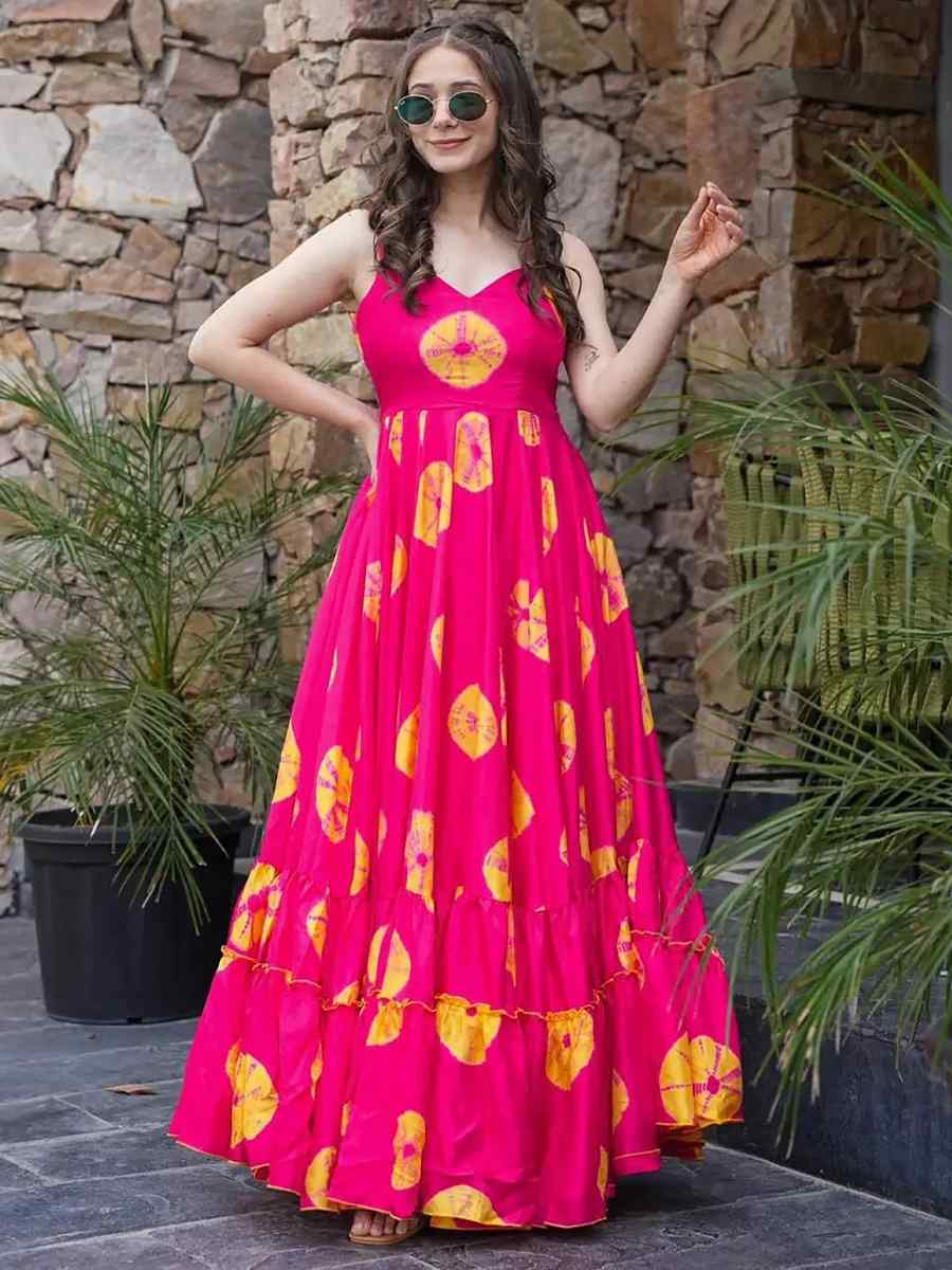 Pink Heavy Rayon Printed Festival Casual Gown