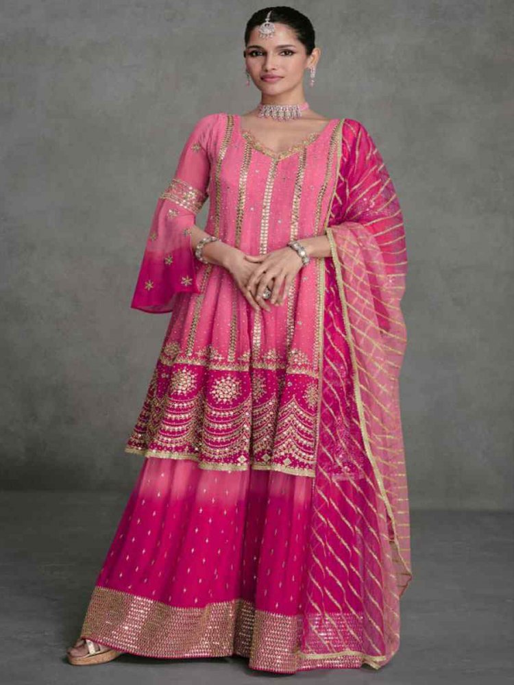 Pink Heavy Real Georgette Embroidered Festival Wedding Pant Salwar Kameez