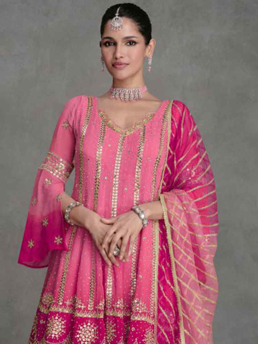 Pink Heavy Real Georgette Embroidered Festival Wedding Pant Salwar Kameez