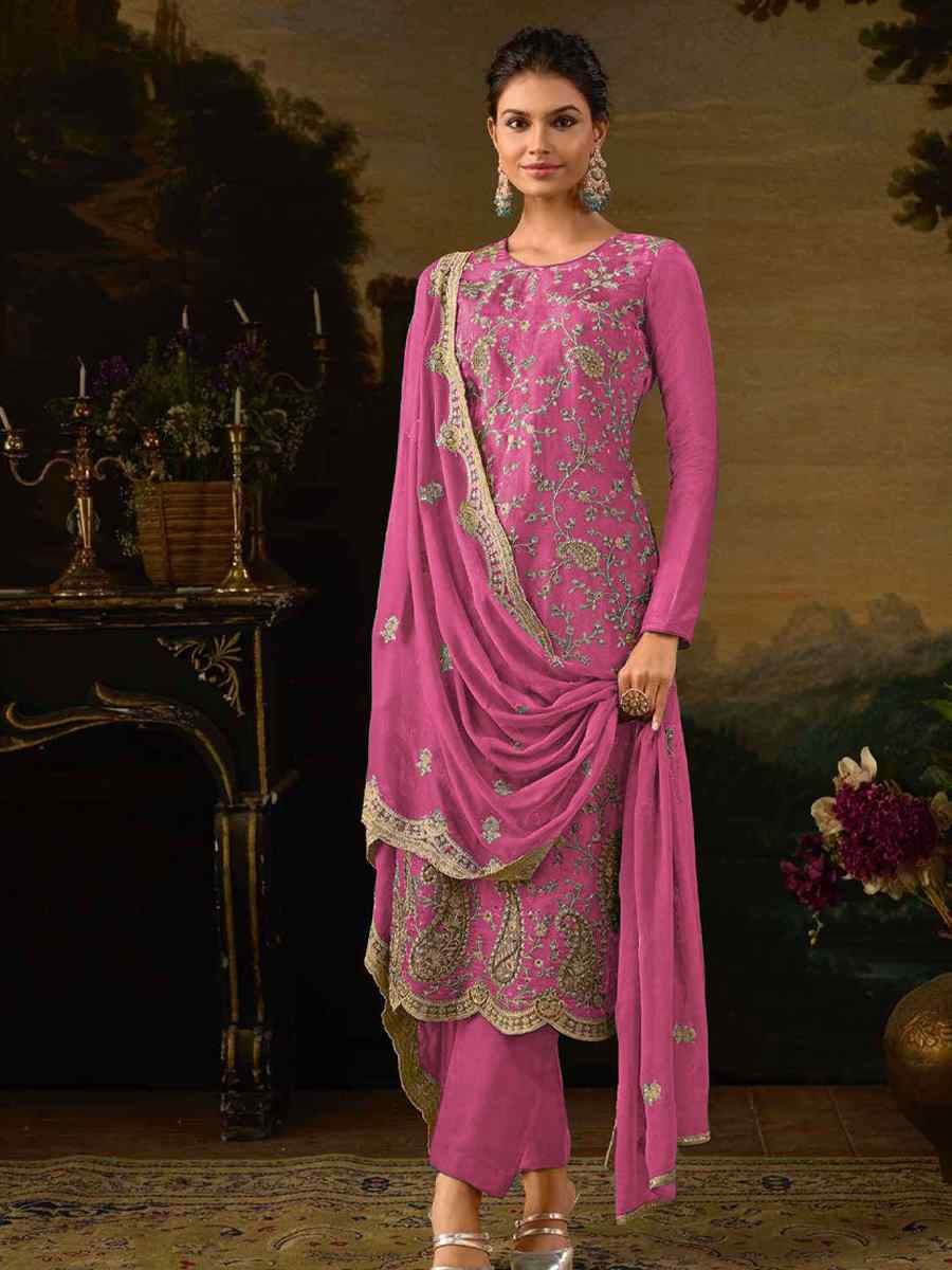 Pink Heavy Silk Embroidered Festival Casual Pant Salwar Kameez