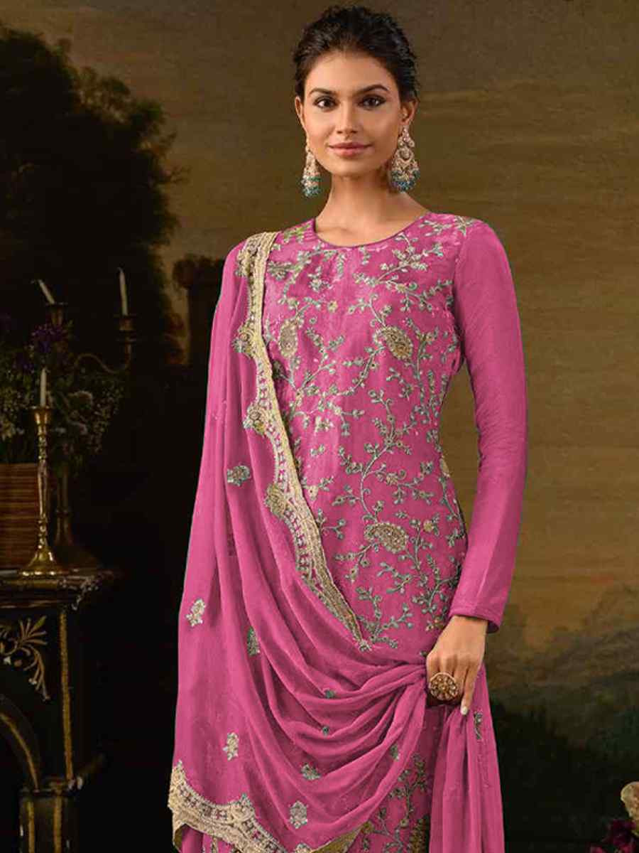 Pink Heavy Silk Embroidered Festival Casual Pant Salwar Kameez