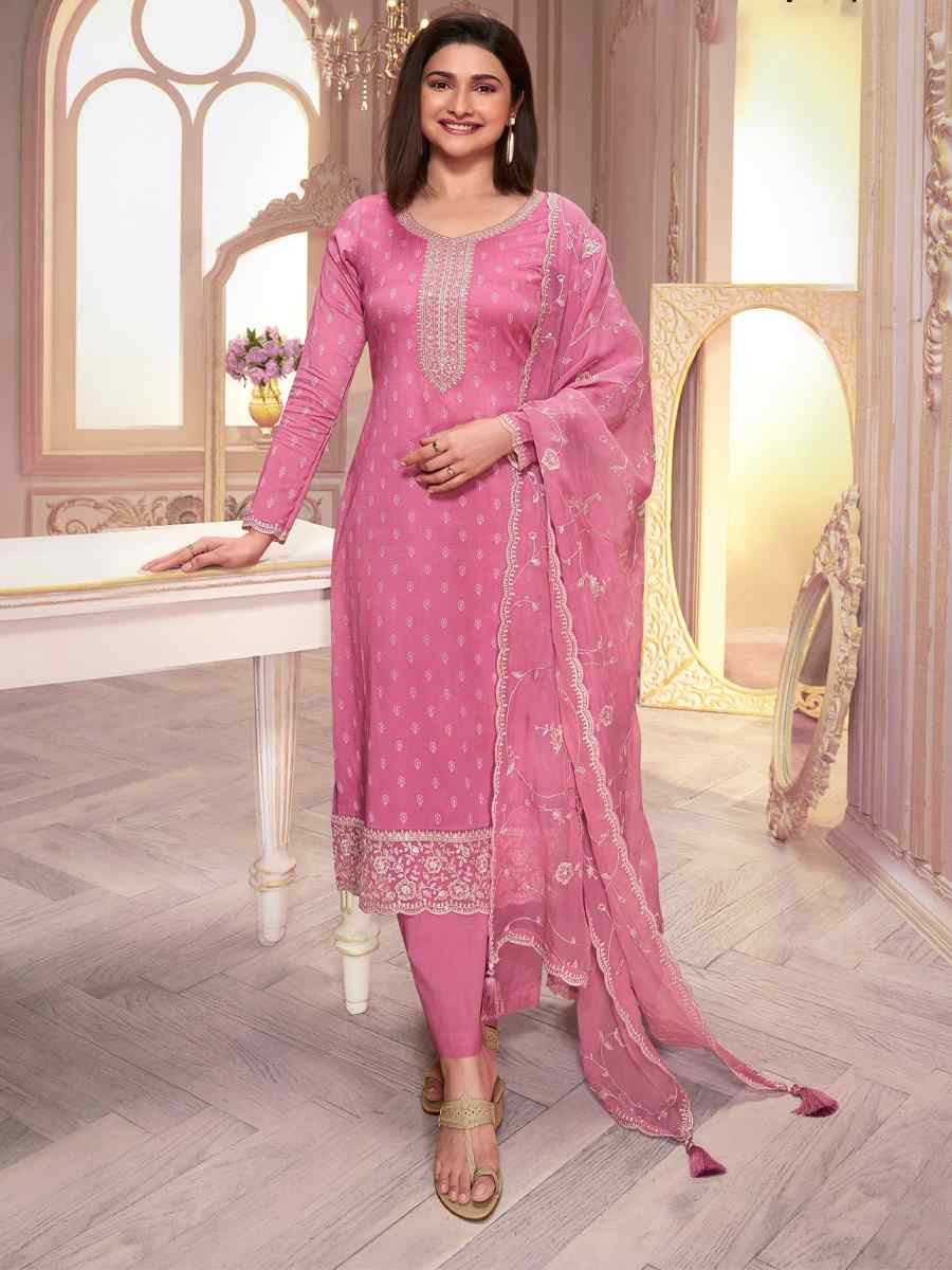 Pink Heavy Silk Embroidered Festival Mehendi Pant Salwar Kameez