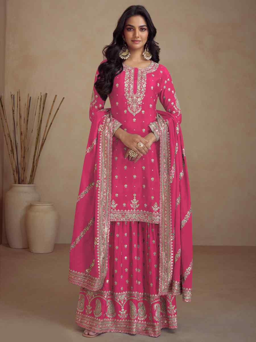 Pink Heavy Silk Embroidered Festival Wedding Palazzo Pant Salwar Kameez