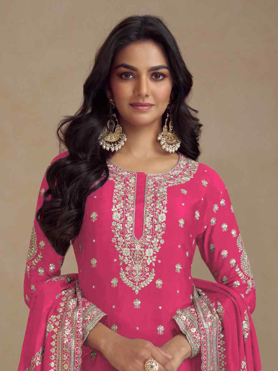 Pink Heavy Silk Embroidered Festival Wedding Palazzo Pant Salwar Kameez