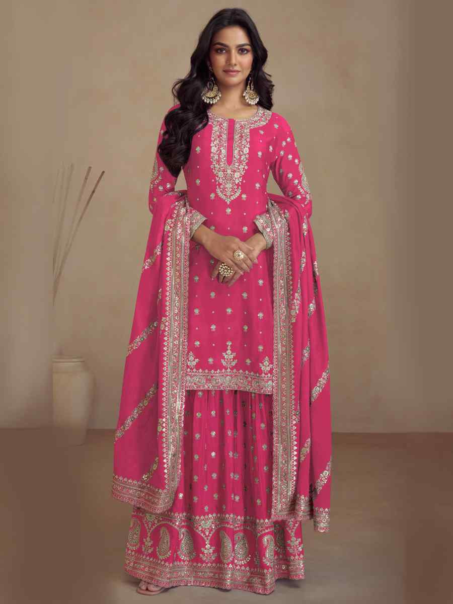 Pink Heavy Silk Embroidered Festival Wedding Sharara Pant Salwar Kameez